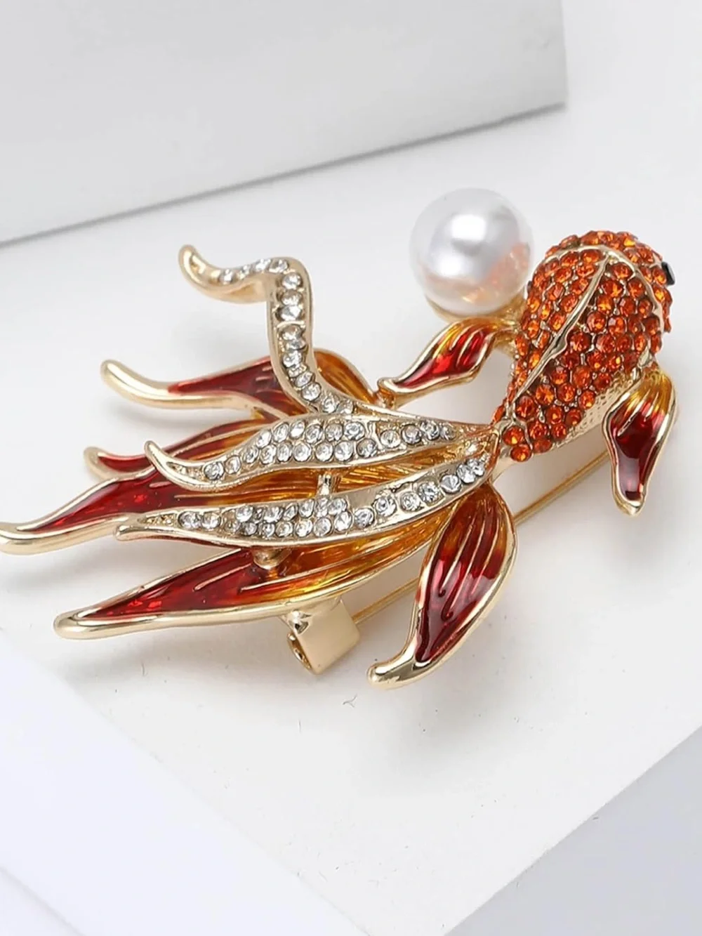 Anthropologie Red & Orange Koi Fish Brooch with Pearl